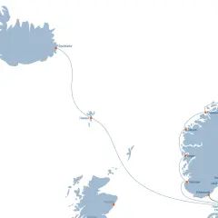 Mapa tras promowych z Islandii do Norwegii i Danii, z zaznaczonymi portami jak Seyðisfjörður i Tórshavn.
