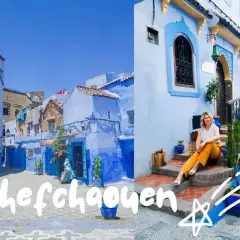 Urokliwe miasto w Maroku, Chefchaouen, zachwyca błękitem uliczek i domów. Kobieta siedzi na schodach, ciesząc się atmosferą.