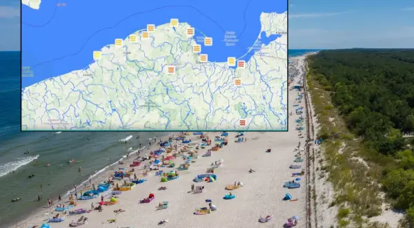 Mapa pokazuje, gdzie jest najcieplejsze morze w Polsce. Widać plażę z turystami i zielony las.
