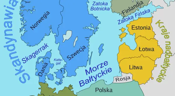 Mapa pokazuje kraje nad Bałtykiem: Danię, Szwecję, Norwegię, Finlandię, Estonię, Łotwę, Litwę, Polskę i Rosję.