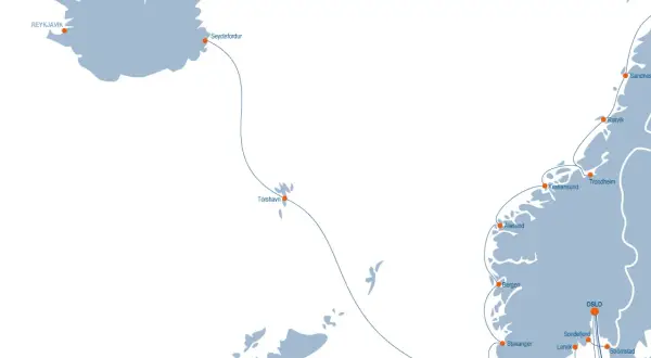 Mapa tras promowych z Islandii do Norwegii i Danii, z zaznaczonymi portami jak Seyðisfjörður i Tórshavn.