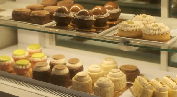 Słodkości w kawiarni cukierni Cafe Marona Gruszecki: czekoladowe kule, tartaletki z kremem i kolorowe babeczki.