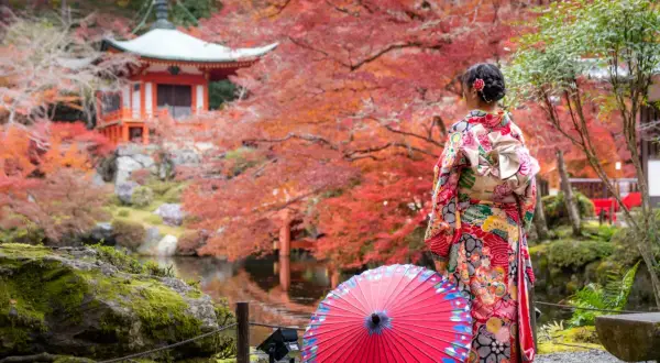 Kobieta w kimonie podziwia jesienne barwy Japonii. To idealny czas, kiedy najlepiej zwiedzać Japonię, by zobaczyć takie widoki.