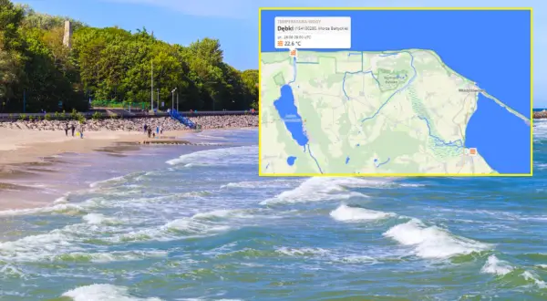 Dziś woda w Bałtyku w Dębkach ma 22,6°C. Widok na plażę i morze z informacją o temperaturze wody.