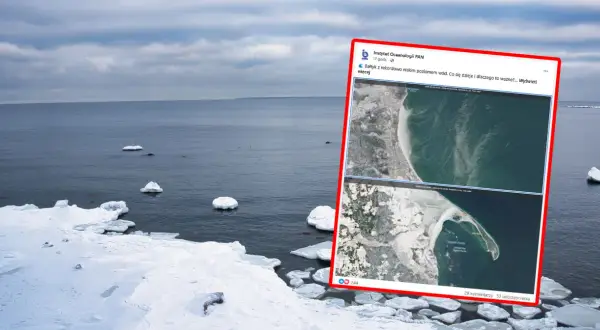 Zimowy Bałtyk z lodem na wodzie. Obok post na Facebooku Instytutu Oceanologii PAN: "Bałtyk z rekordowo niskim poziomem wód. Co się dzieje i dlaczego to ważne?".