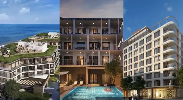 Nowe hotele w Polsce: nowoczesny obiekt nad morzem z zielonym dachem, apartamentowiec z basenem i hotel miejski.