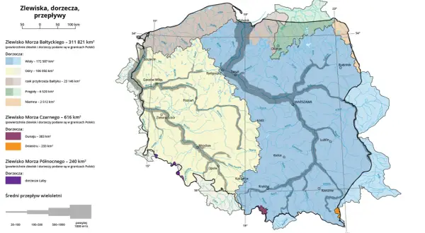 Mapa pokazuje zlewiska Morza Bałtyckiego, Czarnego i Północnego. Wiele rzek wpada do Bałtyku, w tym Wisła i Odra.