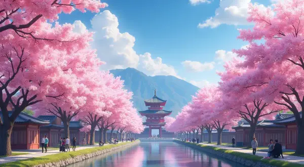 Kwiaty wiśni w Japonii, idealny czas na podróż. Wiosna w pełni, tradycyjna architektura i spokojna rzeka.