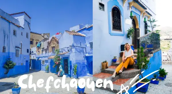 Urokliwe miasto w Maroku, Chefchaouen, zachwyca błękitem uliczek i domów. Kobieta siedzi na schodach, ciesząc się atmosferą.
