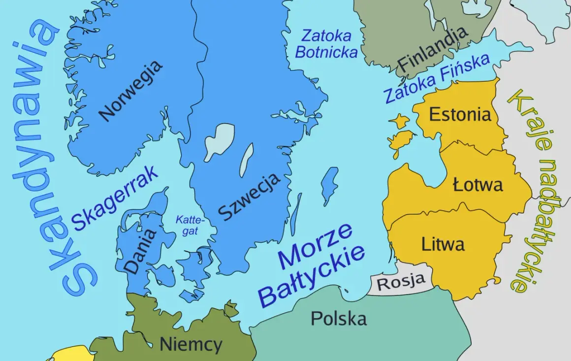Mapa pokazuje kraje nad Bałtykiem: Danię, Szwecję, Norwegię, Finlandię, Estonię, Łotwę, Litwę, Polskę i Rosję.