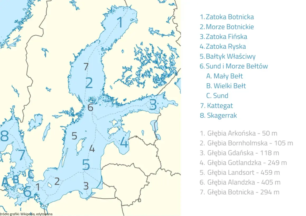 Mapa Bałtyku z zaznaczonymi głębiami. Najgłębsze miejsce to 459 m, ale ile metrów ma Morze Bałtyckie w różnych miejscach, pokazuje ta mapa.