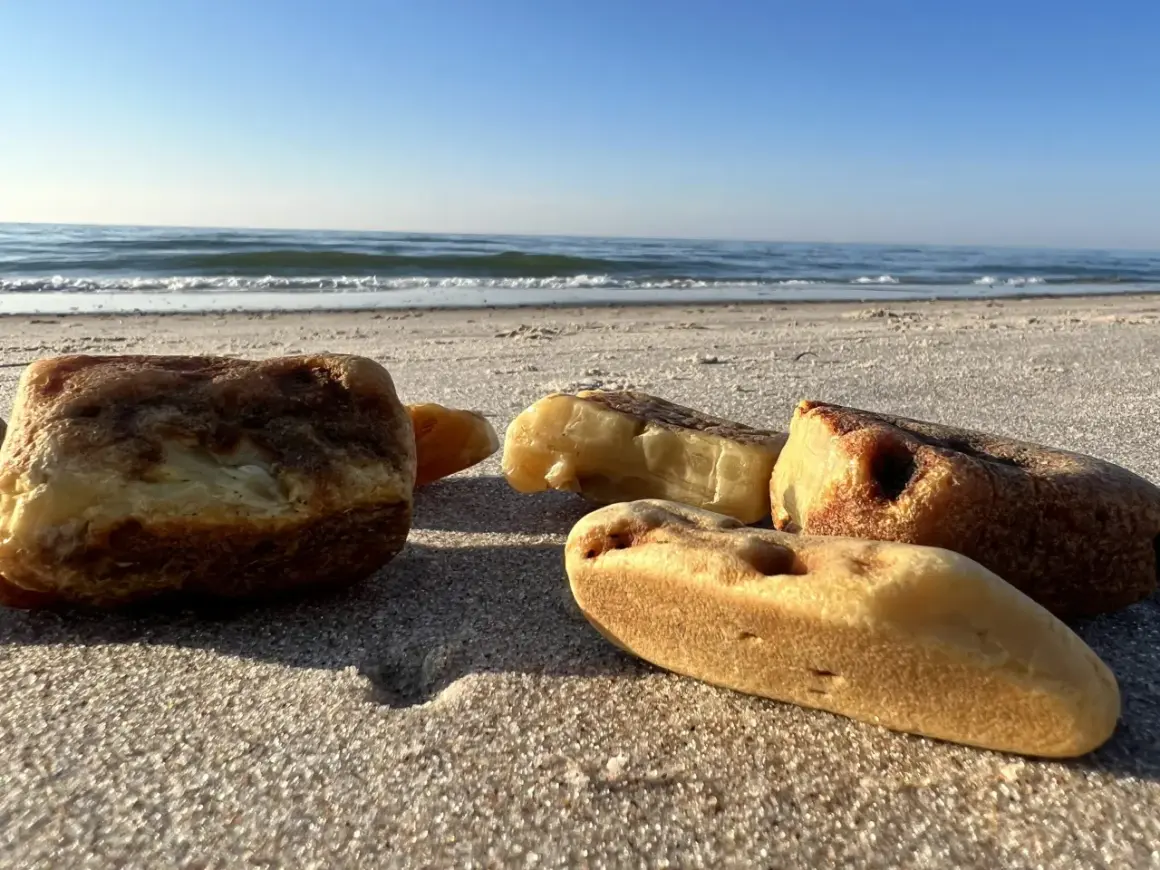 Kilka kawałków bursztynu leży na piaszczystej plaży. Warto wiedzieć, jak rozpoznać bursztyn na plaży, by cieszyć się skarbami Bałtyku.