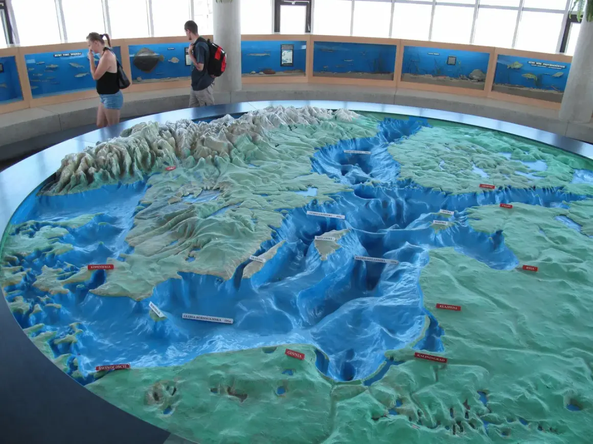 Model dna morskiego z zaznaczoną głębią Landsort (459m). W tle wystawa ryb.