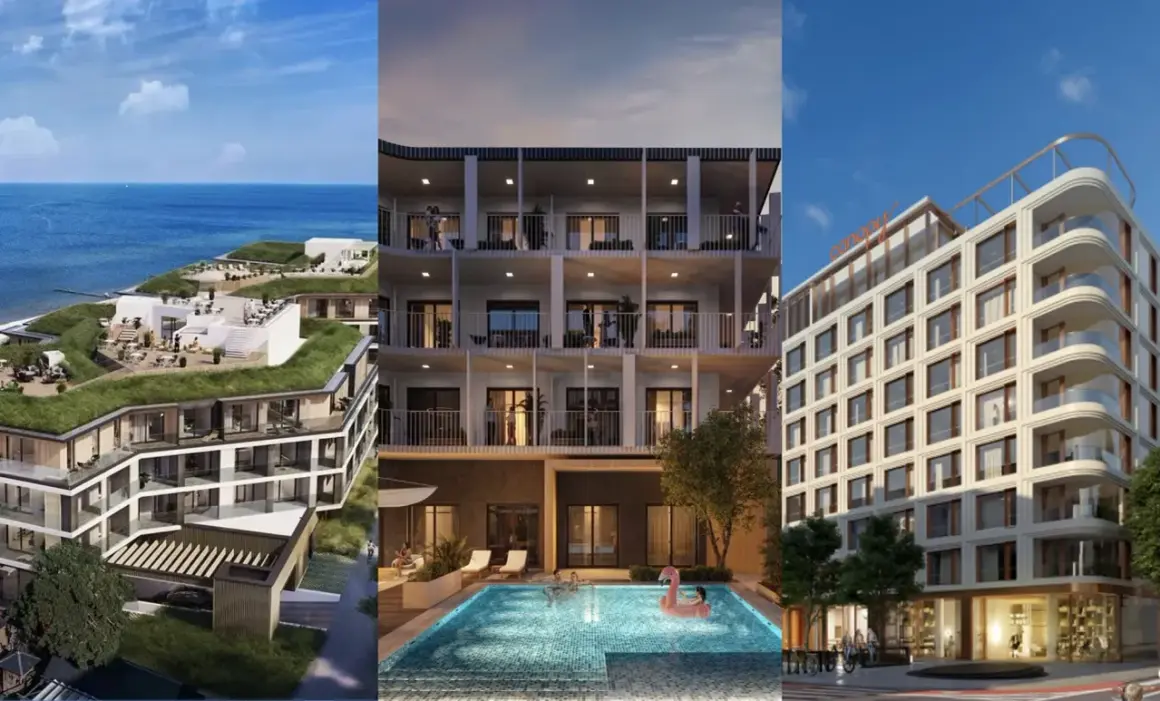 Nowe hotele w Polsce: nowoczesny obiekt nad morzem z zielonym dachem, apartamentowiec z basenem i hotel miejski.