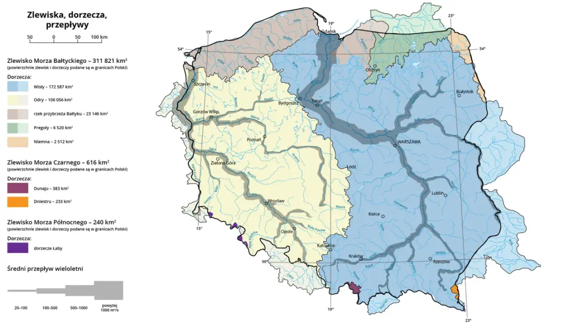 Mapa pokazuje zlewiska Morza Bałtyckiego, Czarnego i Północnego. Wiele rzek wpada do Bałtyku, w tym Wisła i Odra.