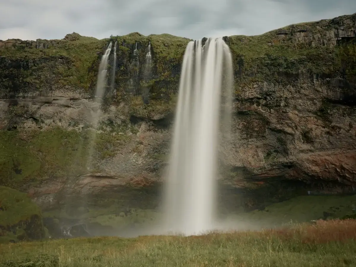 Wodospad Seljalandsfoss, jeden z punktów tygodniowej wycieczki po Islandii. Woda spływa po skalnej ścianie porośniętej mchem.