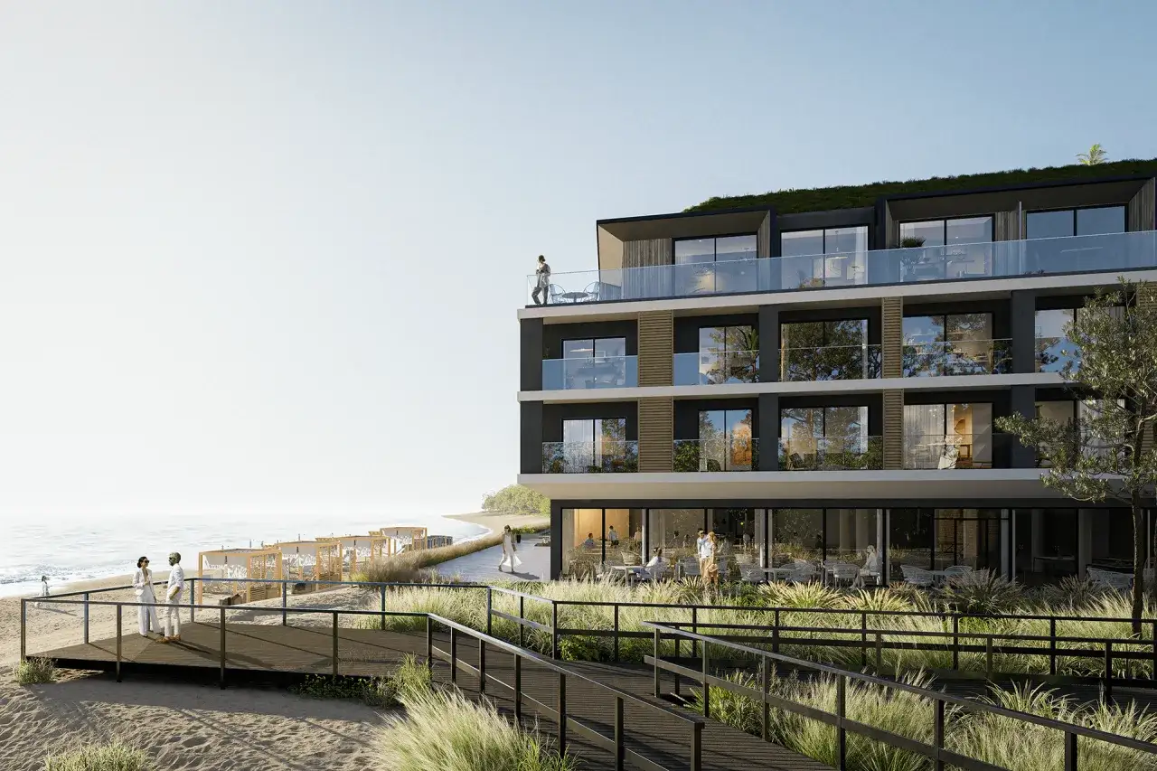 Nowoczesny hotel nad morzem, jeden z najnowszych hoteli w Polsce, z tarasami i plażą.