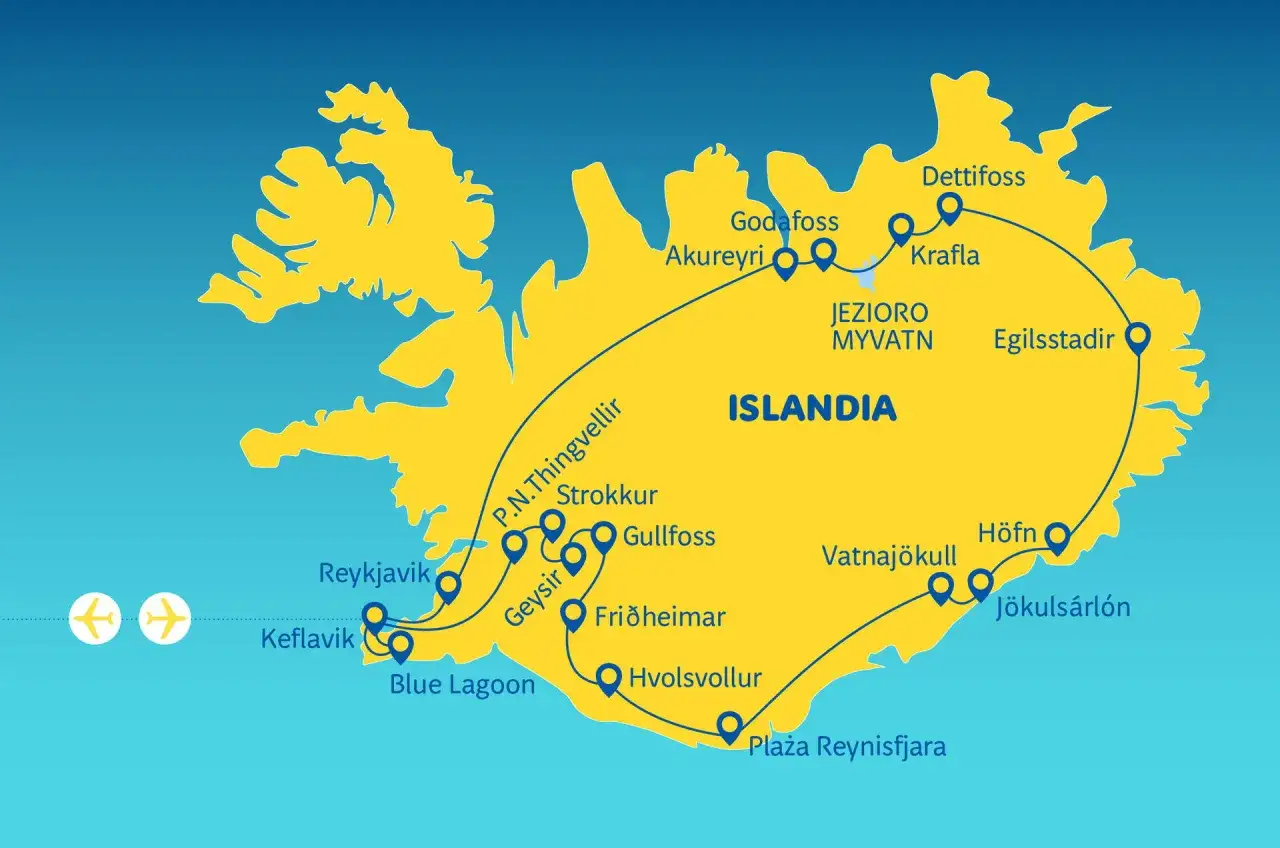 Mapa Islandii z zaznaczonymi atrakcjami Golden Circle: Reykjavik, Geysir, Gullfoss, Thingvellir. Trasa obejmuje też inne punkty jak Jökulsárlón.